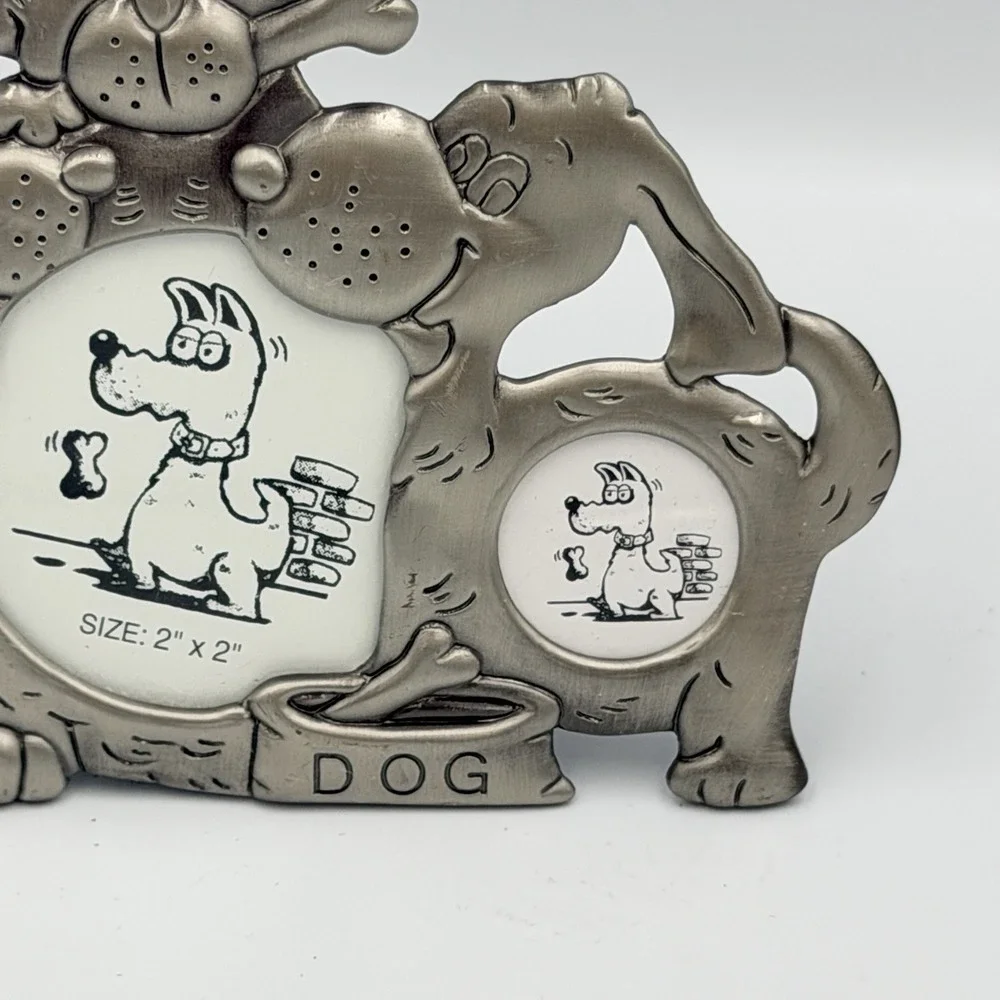 Dog Picture Frame Collage Pewter Tone‎ Cartoon Puppies Bone Bowl Multi Photo